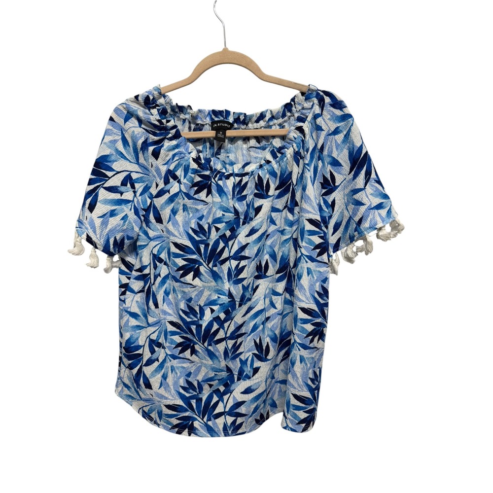 In Studio Blue Leaf Print Tassel Sleeve Blouse Medium Boho Coastal Top